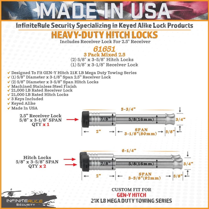 InfiniteRule Security 61651 | 3 Pack Mixed 2.5, Keyed Alike, Hitch Locks for Gen-Y Hitch 21K LB Mega Duty Series - Includes Lock for 2.5" Receiver - Image 4